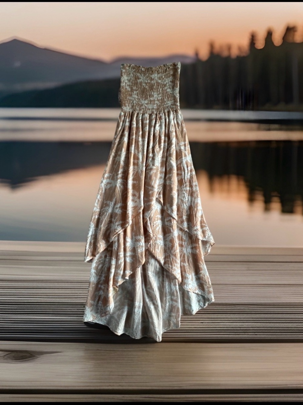 Lucy Love Strapless Maxi Dress Peach W/White Palm Trees Women’s Small